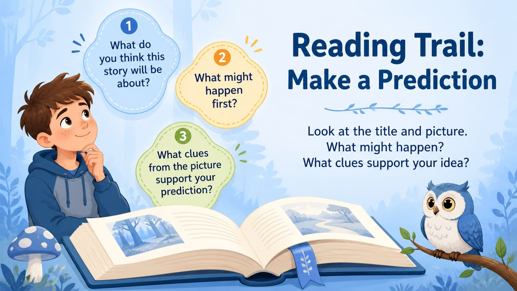 Kid-friendly reading warm-up slide with a short story prediction activity and nature illustrations.