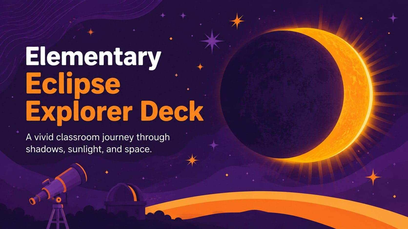 Elementary Eclipse Explorer Deck cover with playful Sun, Earth, and Moon illustrations in purple and orange.