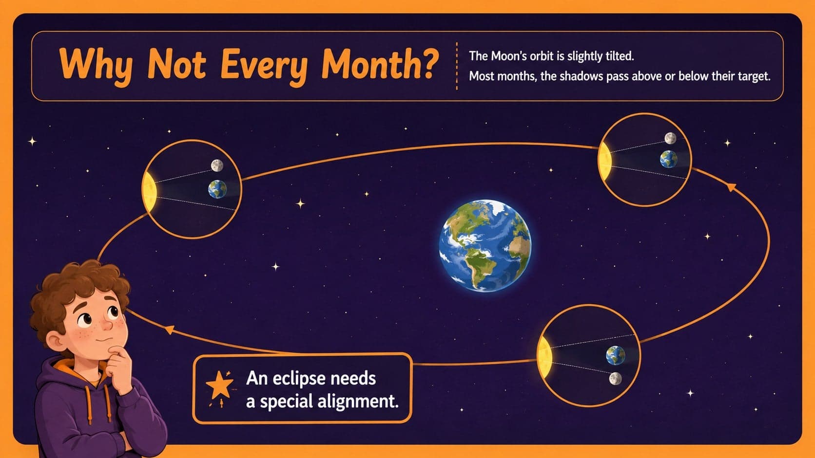 Sun Earth Moon alignment slide explaining why an eclipse does not occur every month.