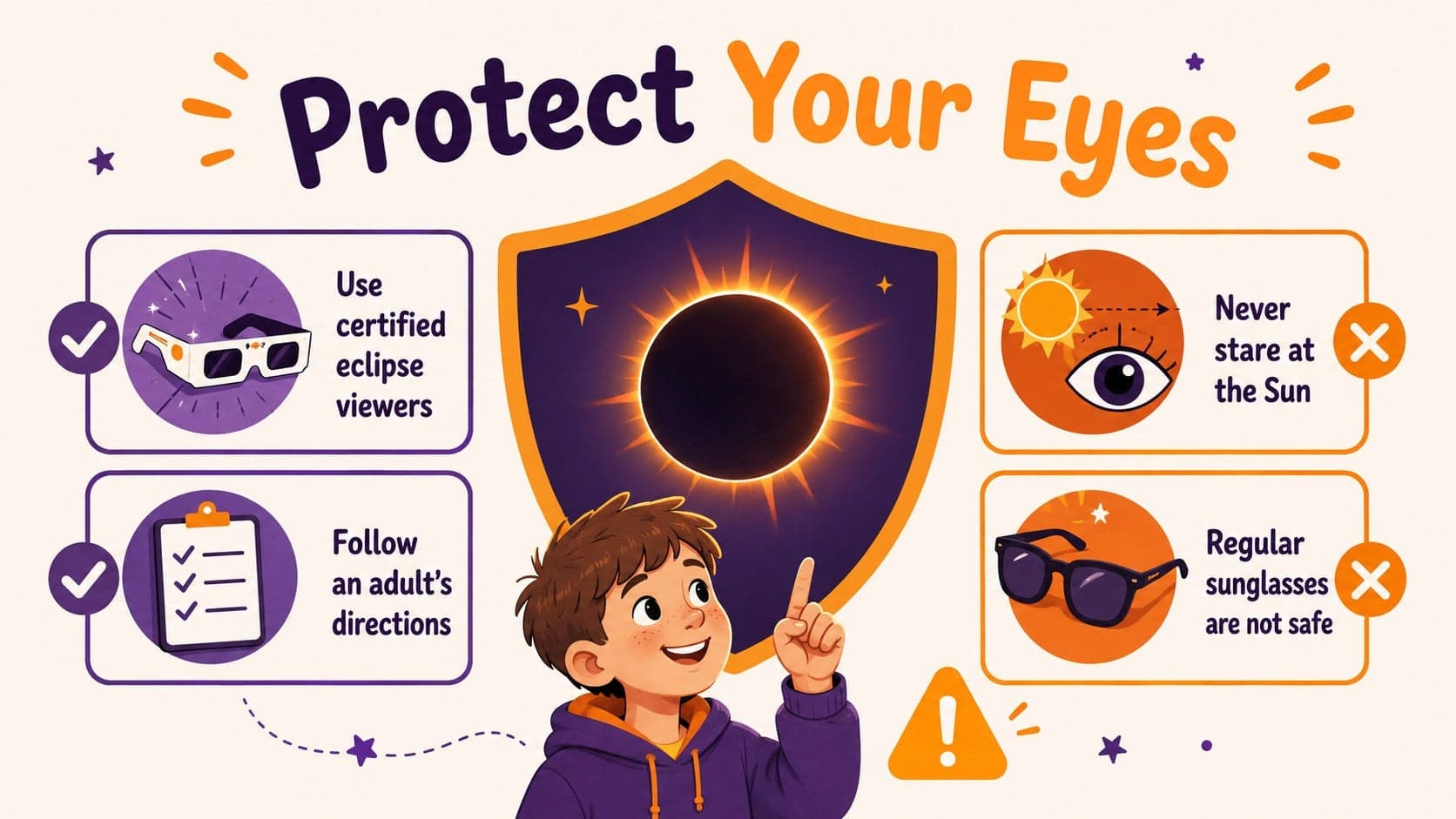 Solar eclipse safety slides for kids featuring approved viewing methods and clear warning symbols.