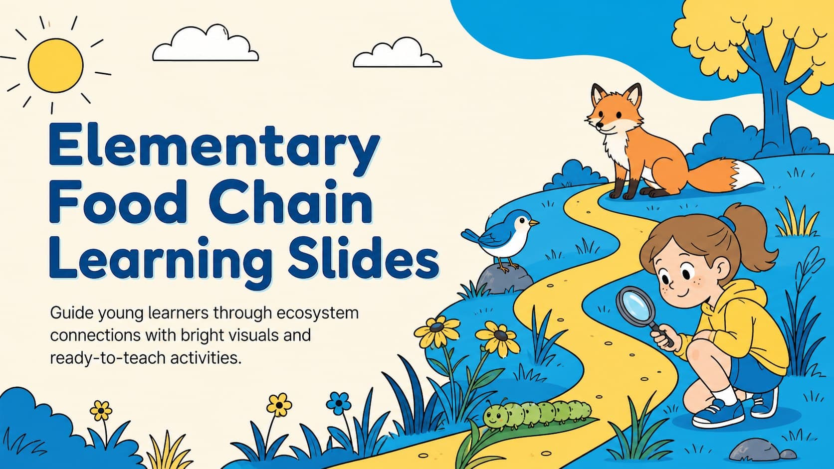 Cover for Elementary Food Chain Learning Slides with colorful ecosystem illustrations in blue and yellow.
