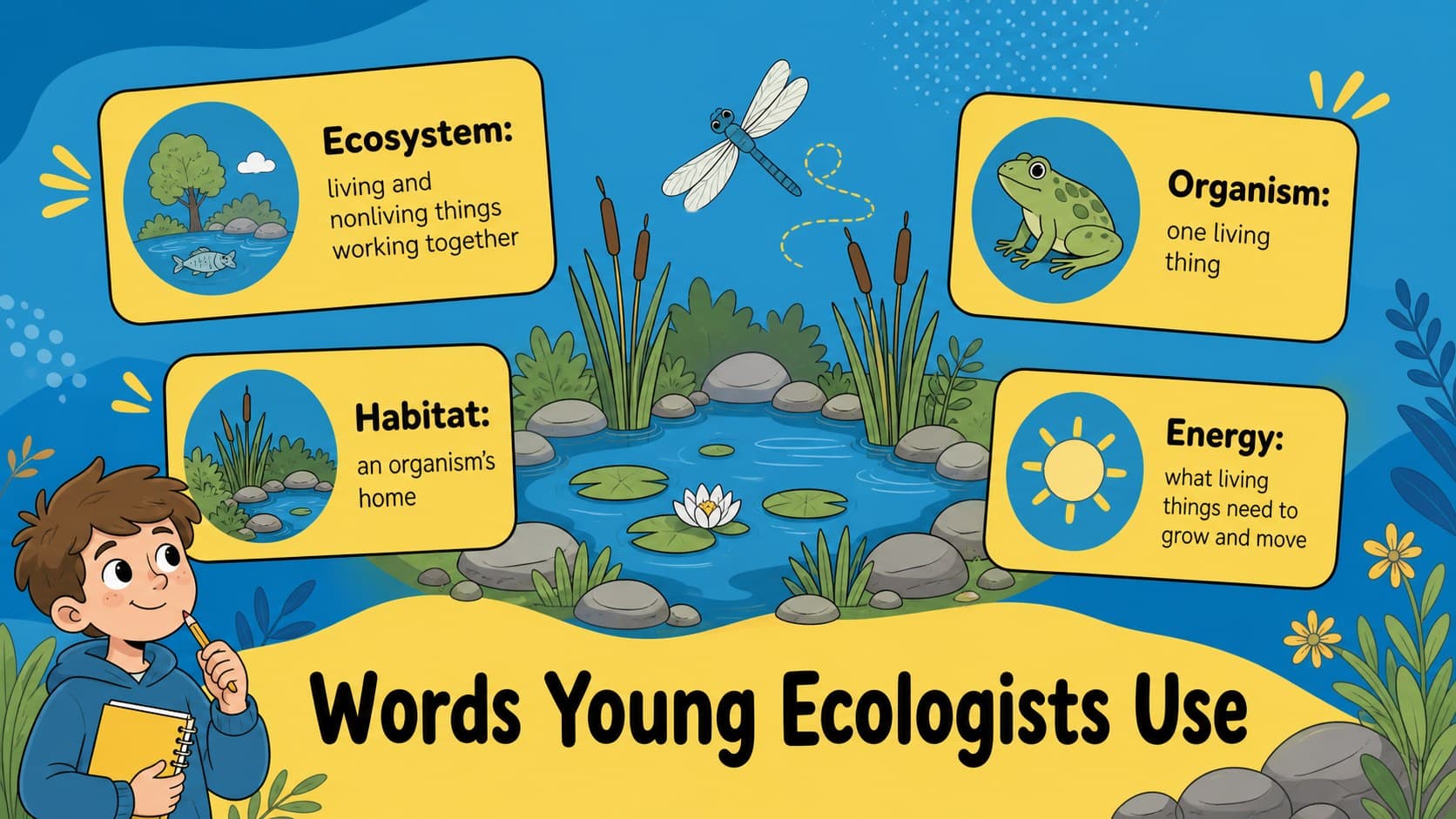 Food chain vocabulary slide defining ecosystem, organism, habitat, and energy for elementary students.