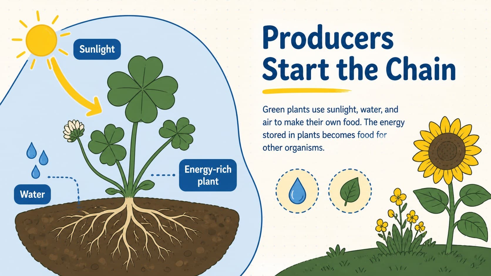 Producers lesson slide explaining how green plants use sunlight to begin a food chain.