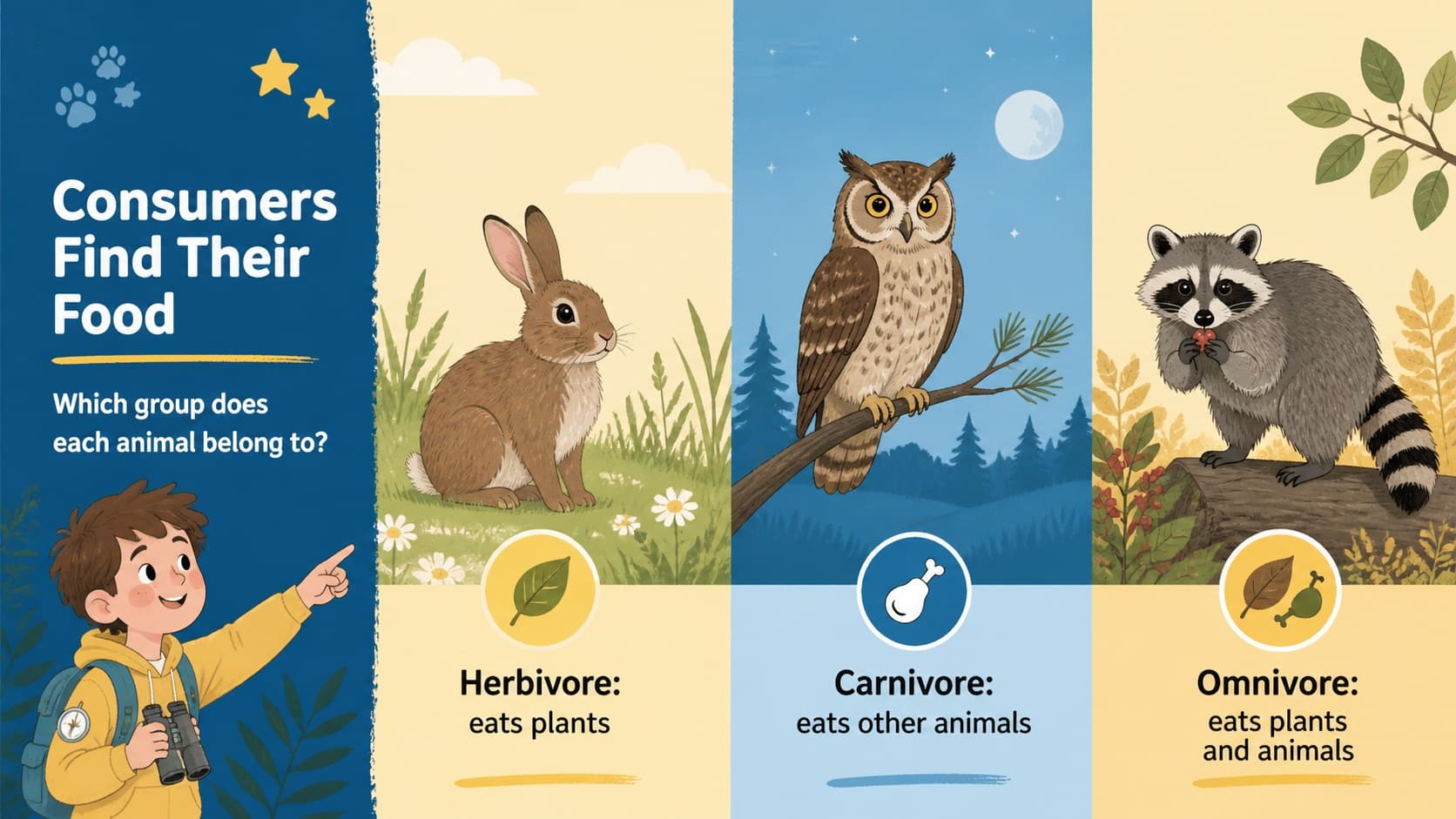 Elementary ecosystem slide comparing herbivores, carnivores, and omnivores as consumers.