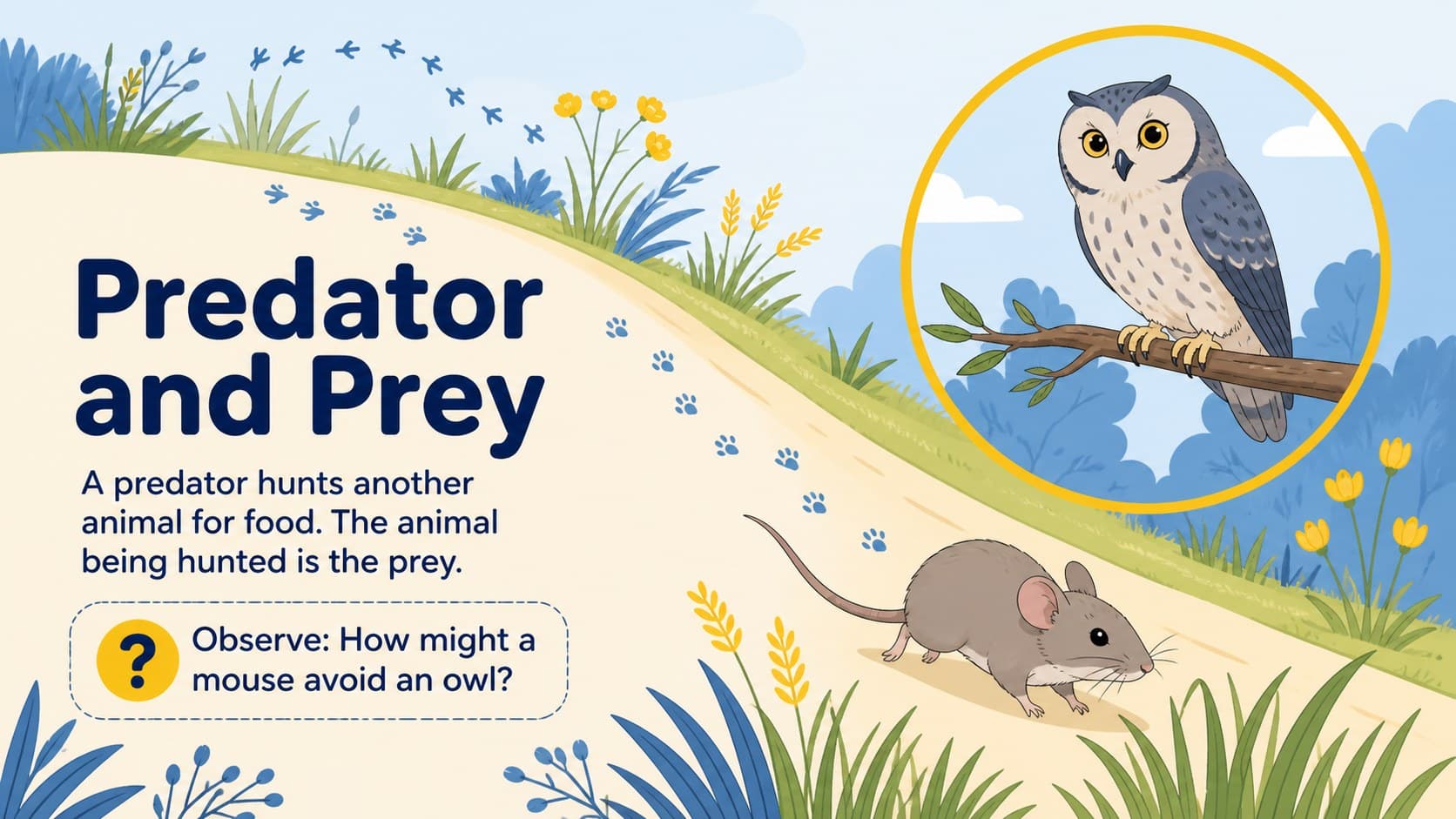 Predator and prey classroom activity featuring an owl and mouse in a meadow habitat.