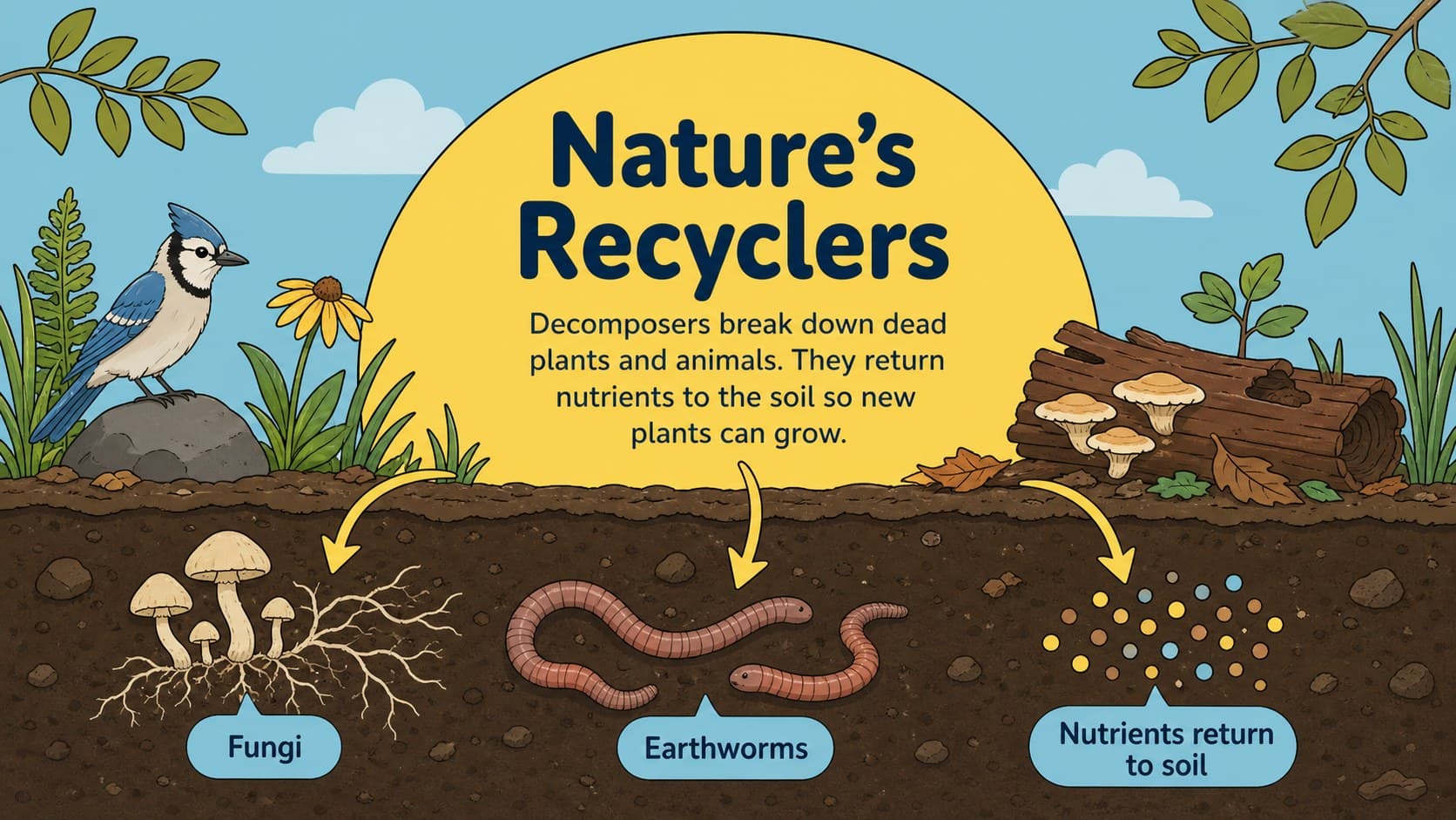 Decomposers lesson slide showing fungi and earthworms returning nutrients to soil.