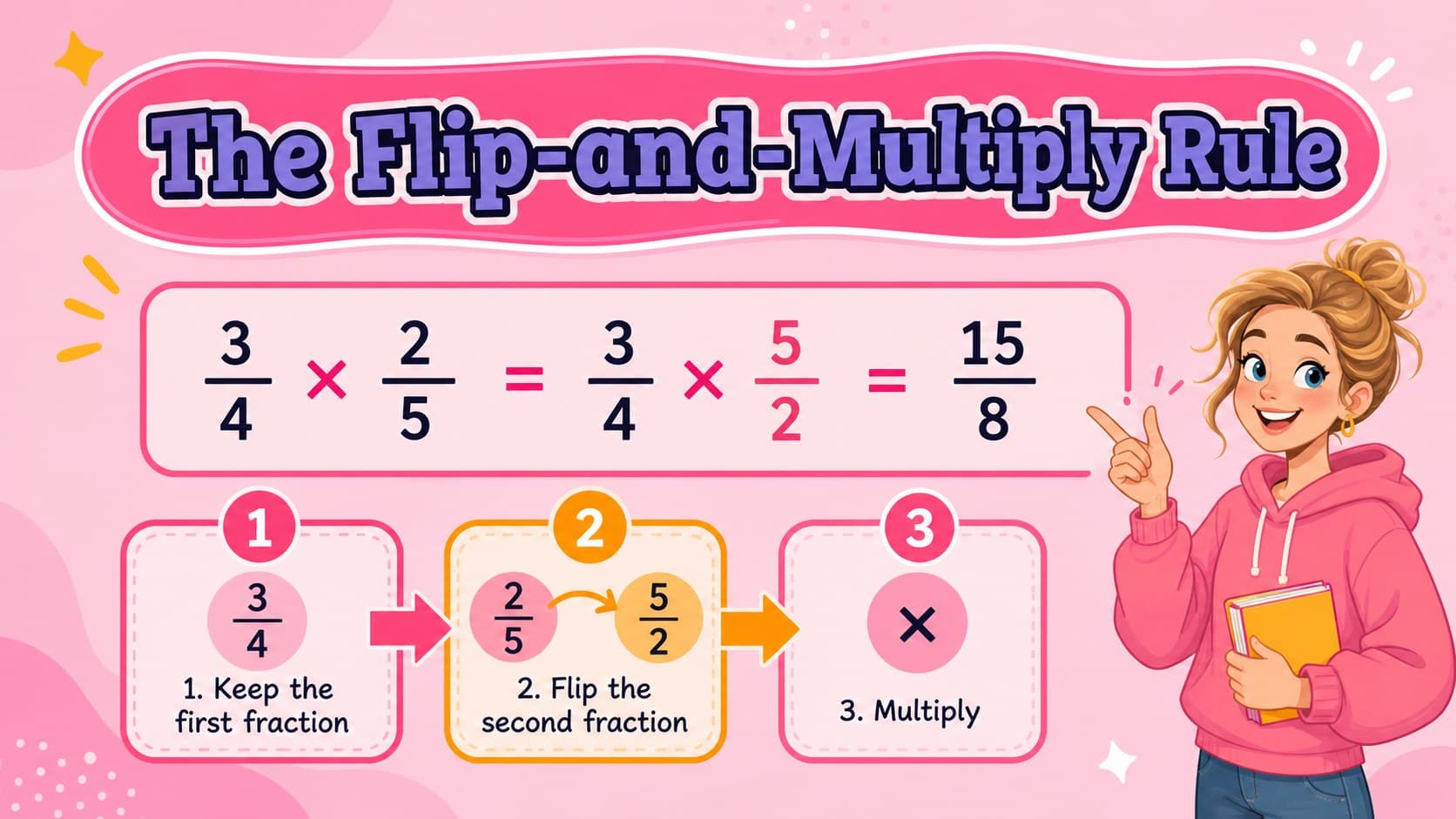 Rule slide presenting the fraction division strategy to multiply by the reciprocal.