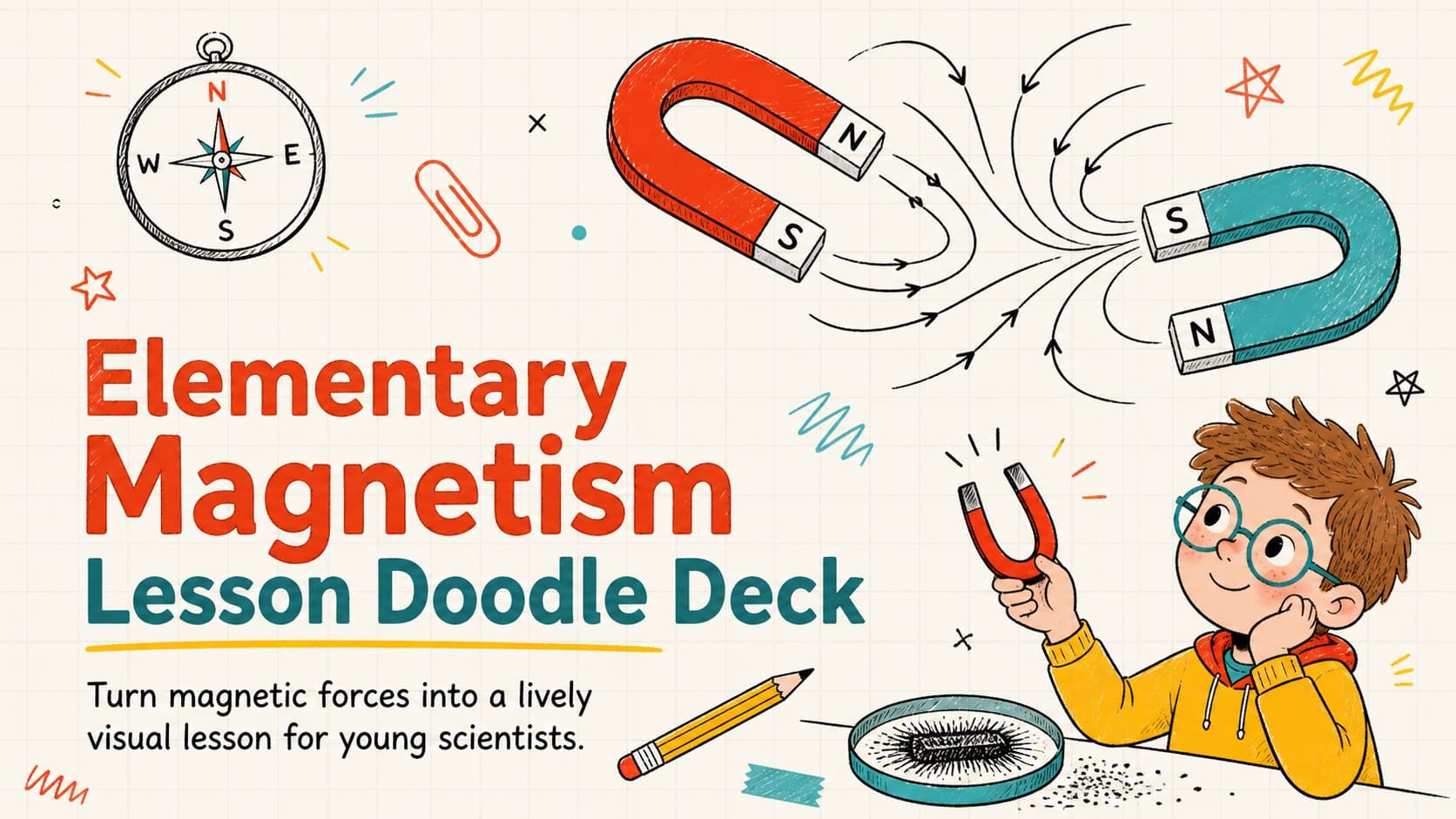 Cover of an elementary magnetism lesson doodle deck with red magnets, field lines, and playful science illustrations.