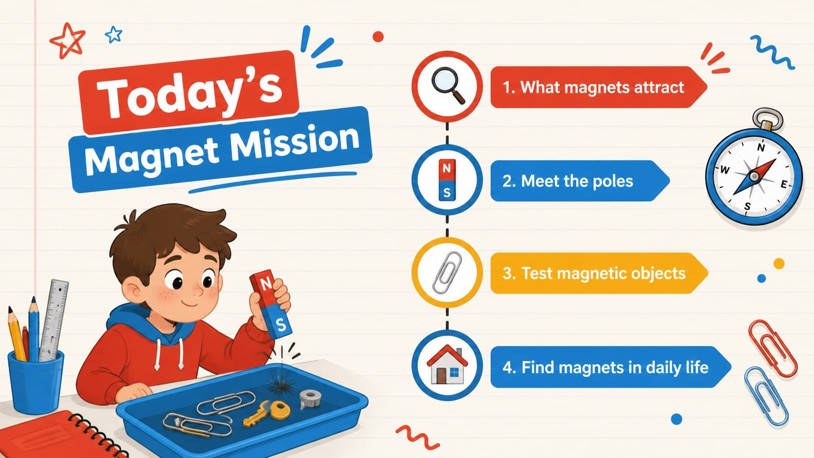 Colorful magnetism lesson agenda slide outlining magnetic poles, attraction, experiments, and everyday examples.