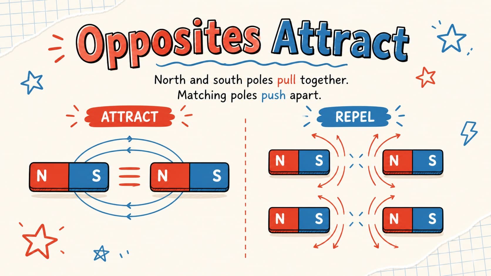 Magnetic poles and forces teaching slide comparing attraction and repulsion with simple red doodle diagrams.