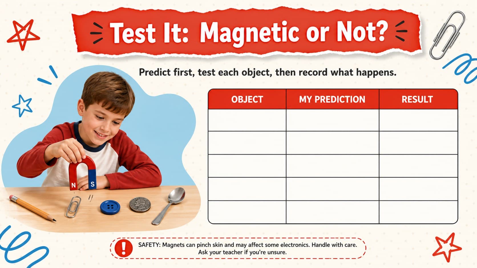 Editable magnet experiment lesson slide with a prediction checklist for testing magnetic classroom objects.