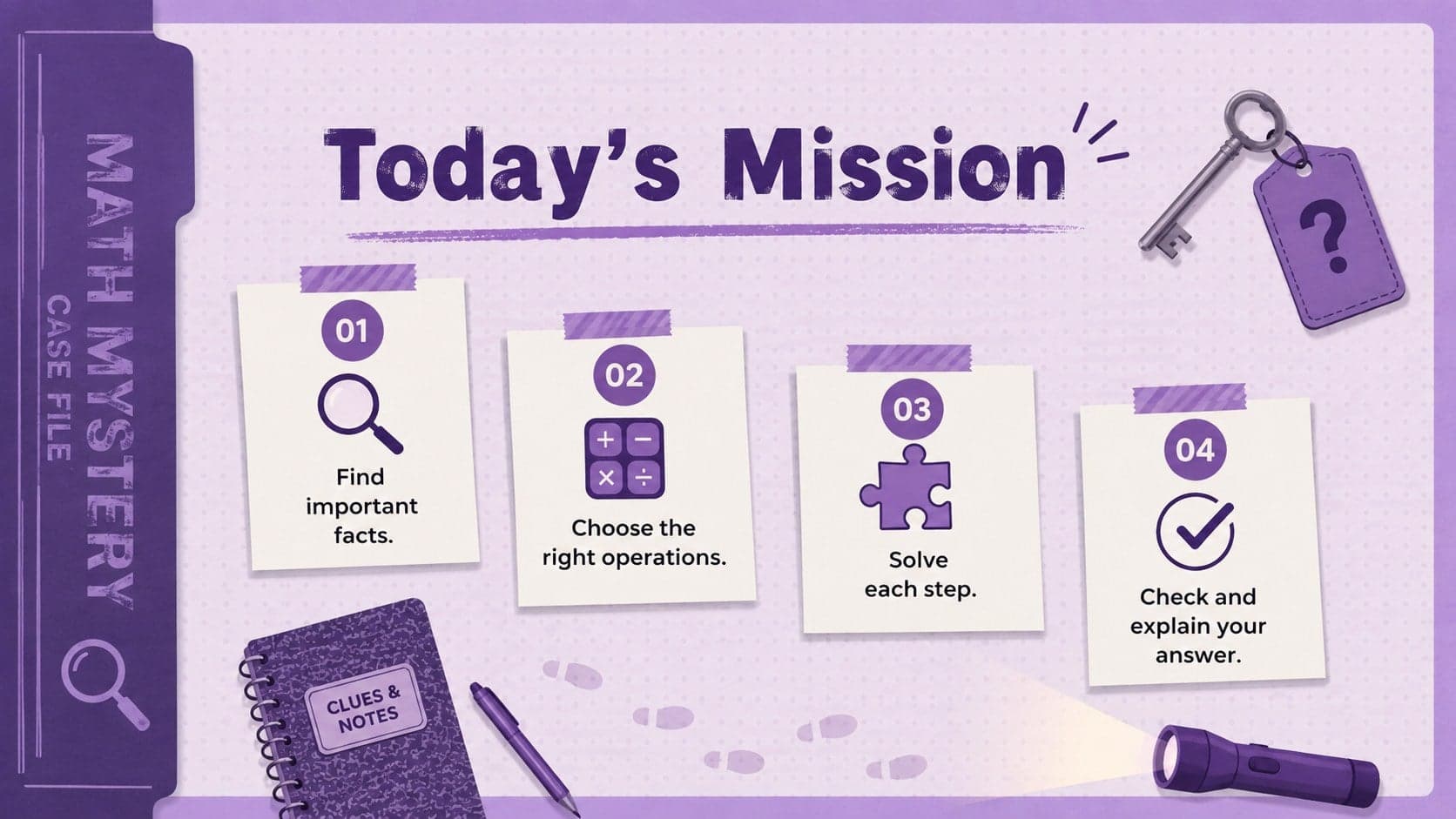 Purple elementary math lesson slide presenting the mission and objectives for solving multi-step word problems.
