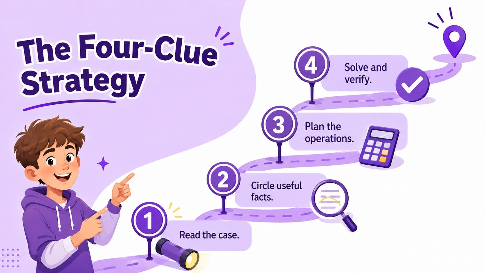 Clue strategy slide showing four steps for elementary multi-step word problem solving.