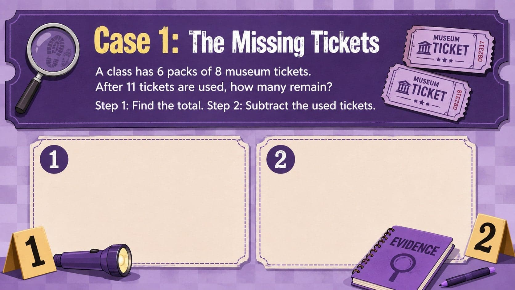 Guided two-step word problem activity about counting and distributing museum tickets.