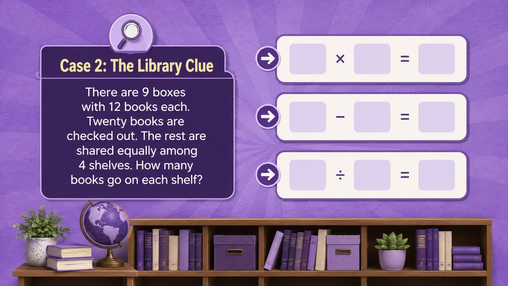 Three-step elementary word problem challenge featuring books arranged and shared among shelves.