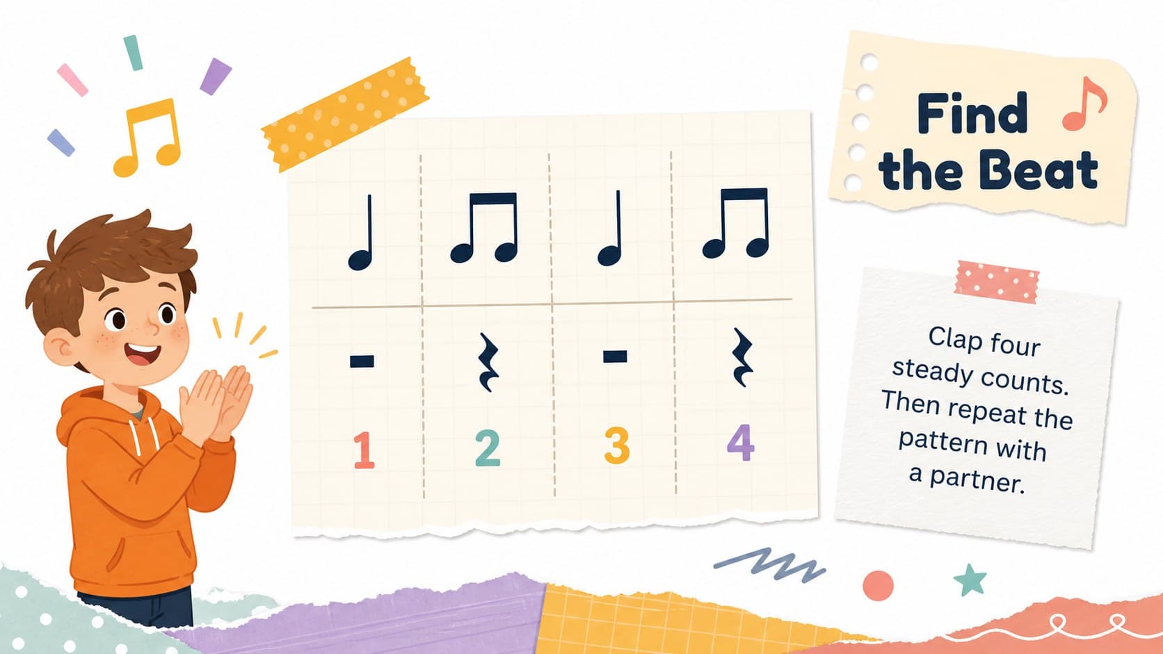 Elementary rhythm lesson slide with bold beat symbols, counting prompts, and playful orange paper accents.