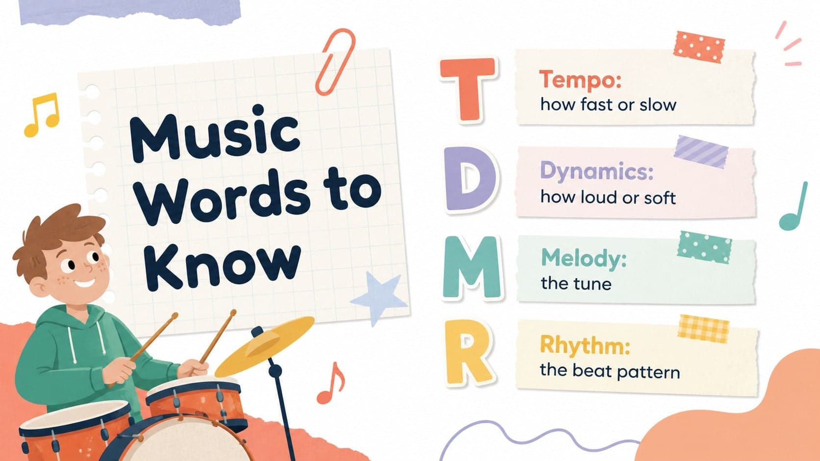 Colorful music vocabulary slide defining tempo, dynamics, melody, and rhythm for young students.
