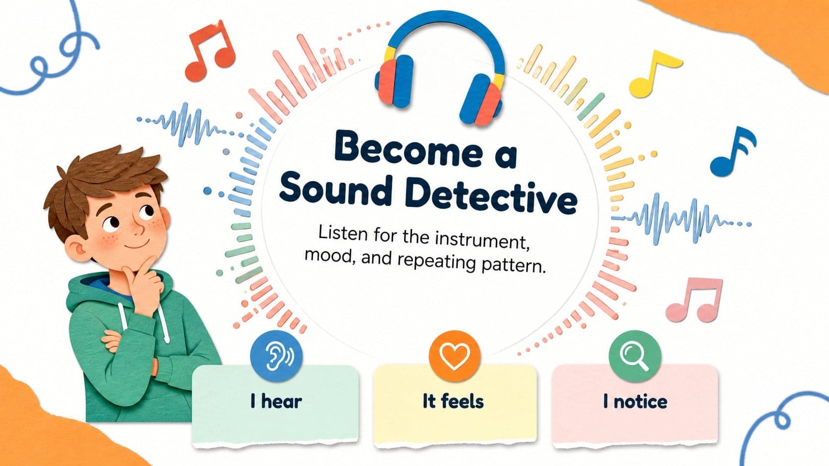 Interactive listening activity slide with a sound detective prompt and colorful headphones and waveform graphics.