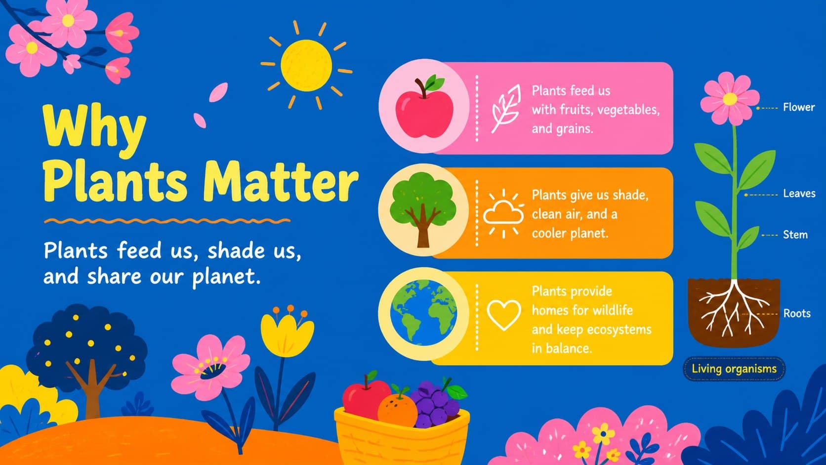 Elementary plant science activity deck slide introducing why plants matter through bright illustrations and simple classroom text.