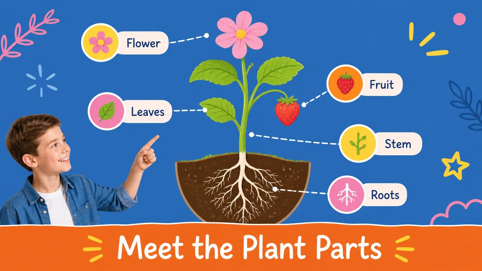 Plant parts classroom slideshow layout labeling roots, stems, leaves, flowers, and fruit for young science learners.