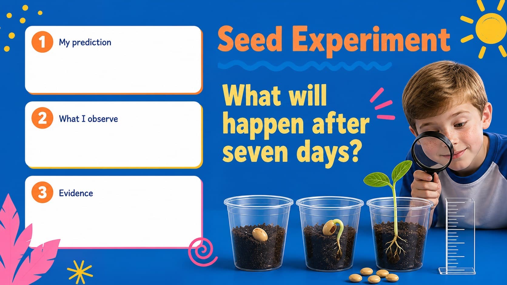 Seed experiment presentation for kids with a prediction prompt and illustrated observation spaces.