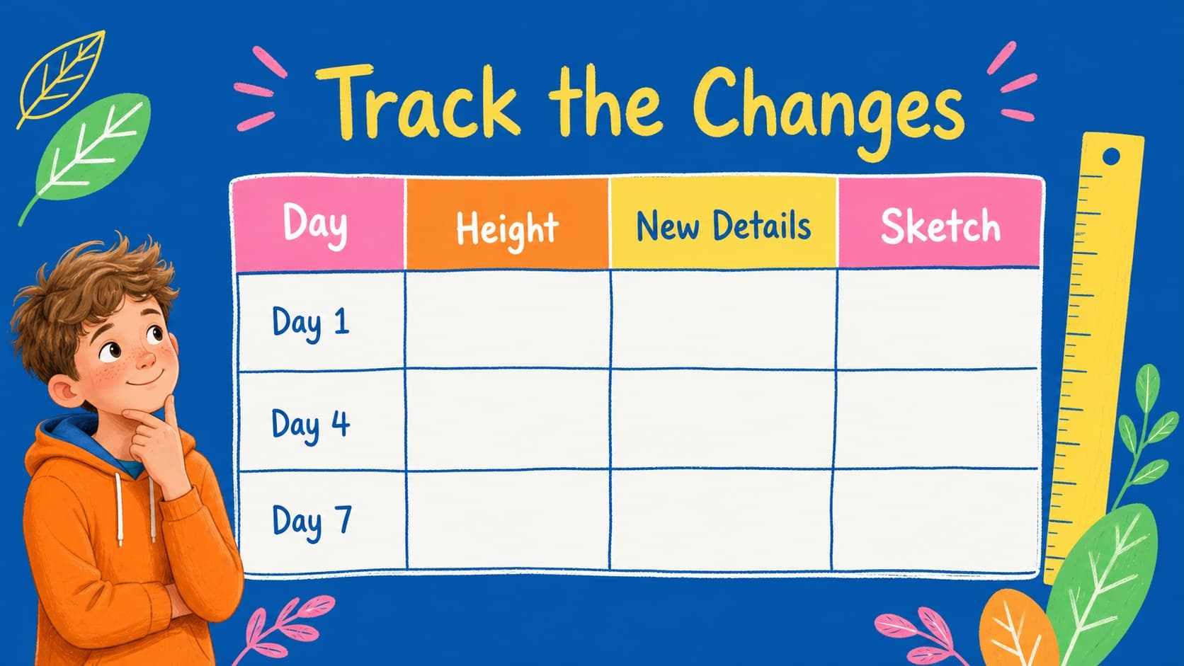 Plant growth lesson presentation slide with a simple observation table for recording height and changes.