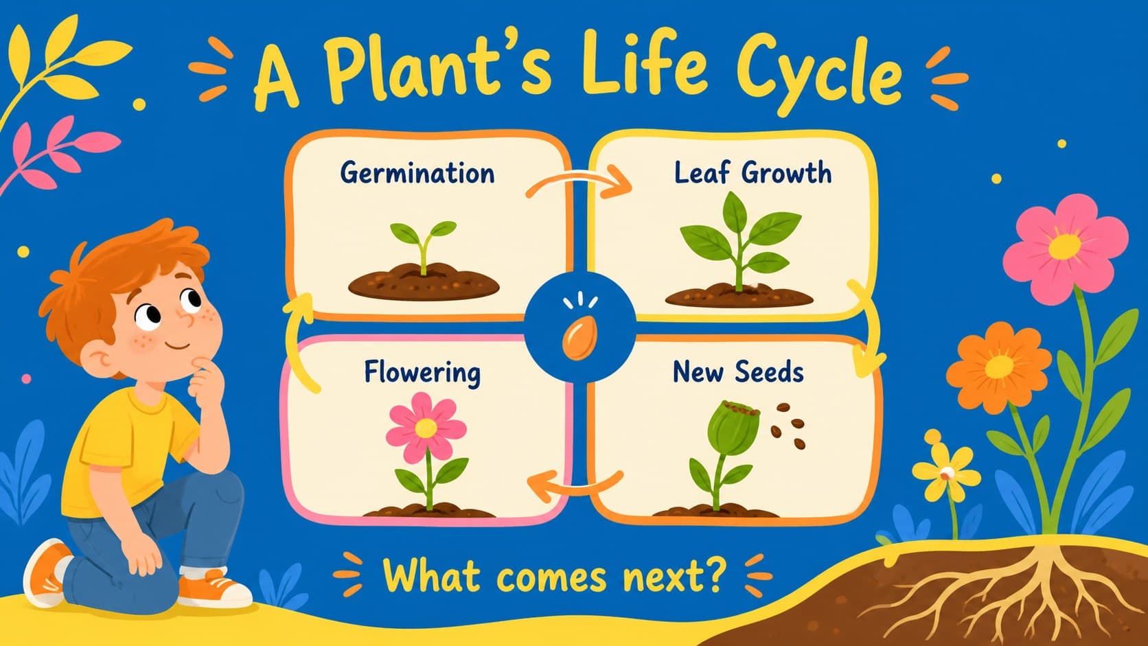 Colorful plant life cycle lesson slide comparing germination, leaf growth, flowering, and seed making.