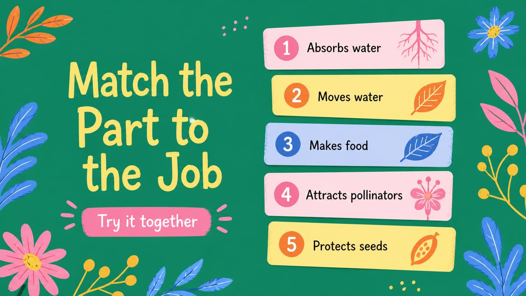 Plant parts classroom slideshow activity with a colorful matching challenge for elementary science students.