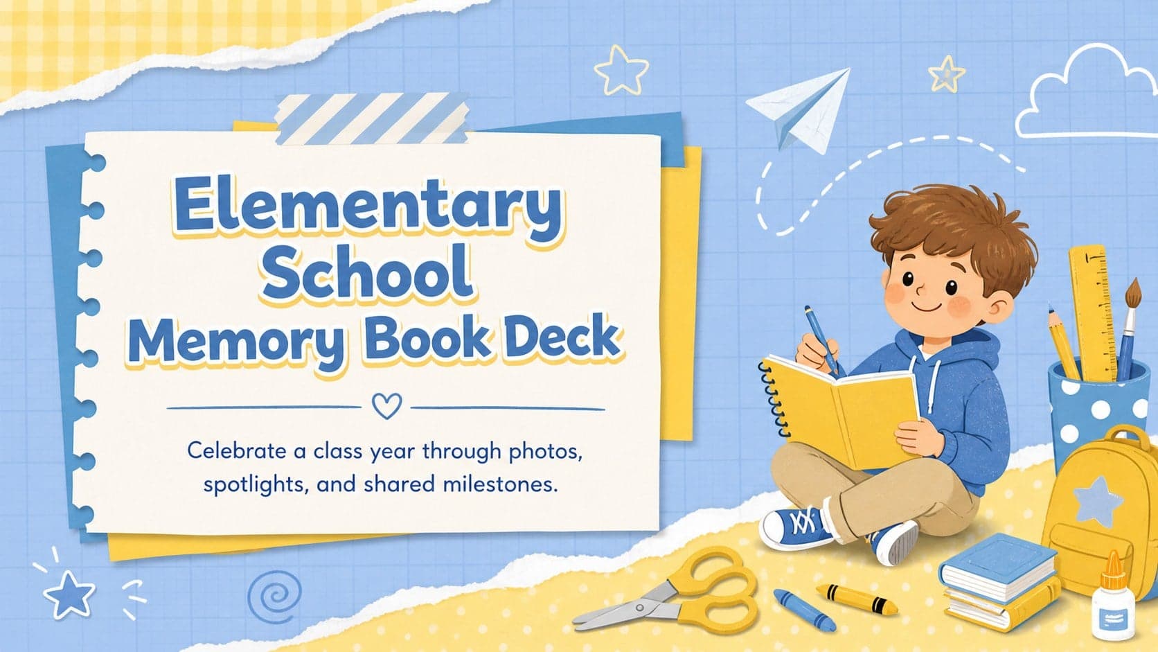 Cover of an elementary school memory book deck with playful paper shapes, school illustrations, and blue and yellow accents.