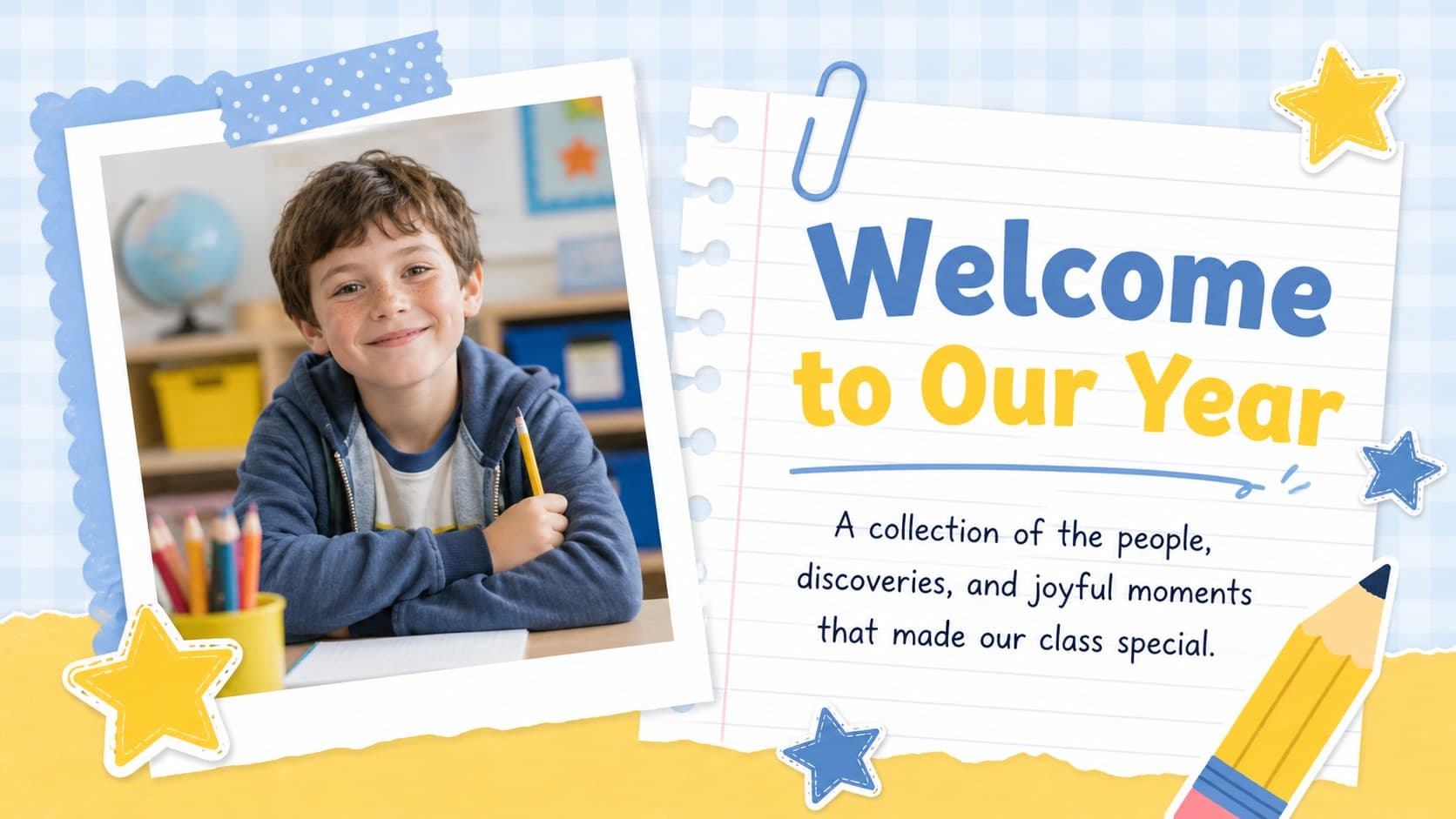 Welcome page from a classroom memory book template featuring a class photo frame and a short introduction.