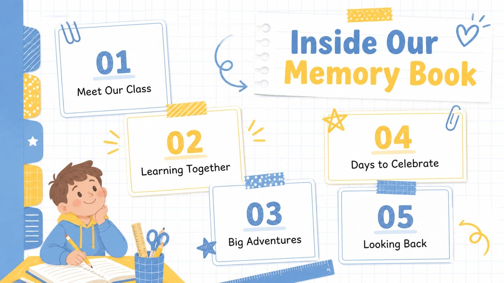 Elementary yearbook contents page listing class portraits, activities, adventures, celebrations, and reflections.