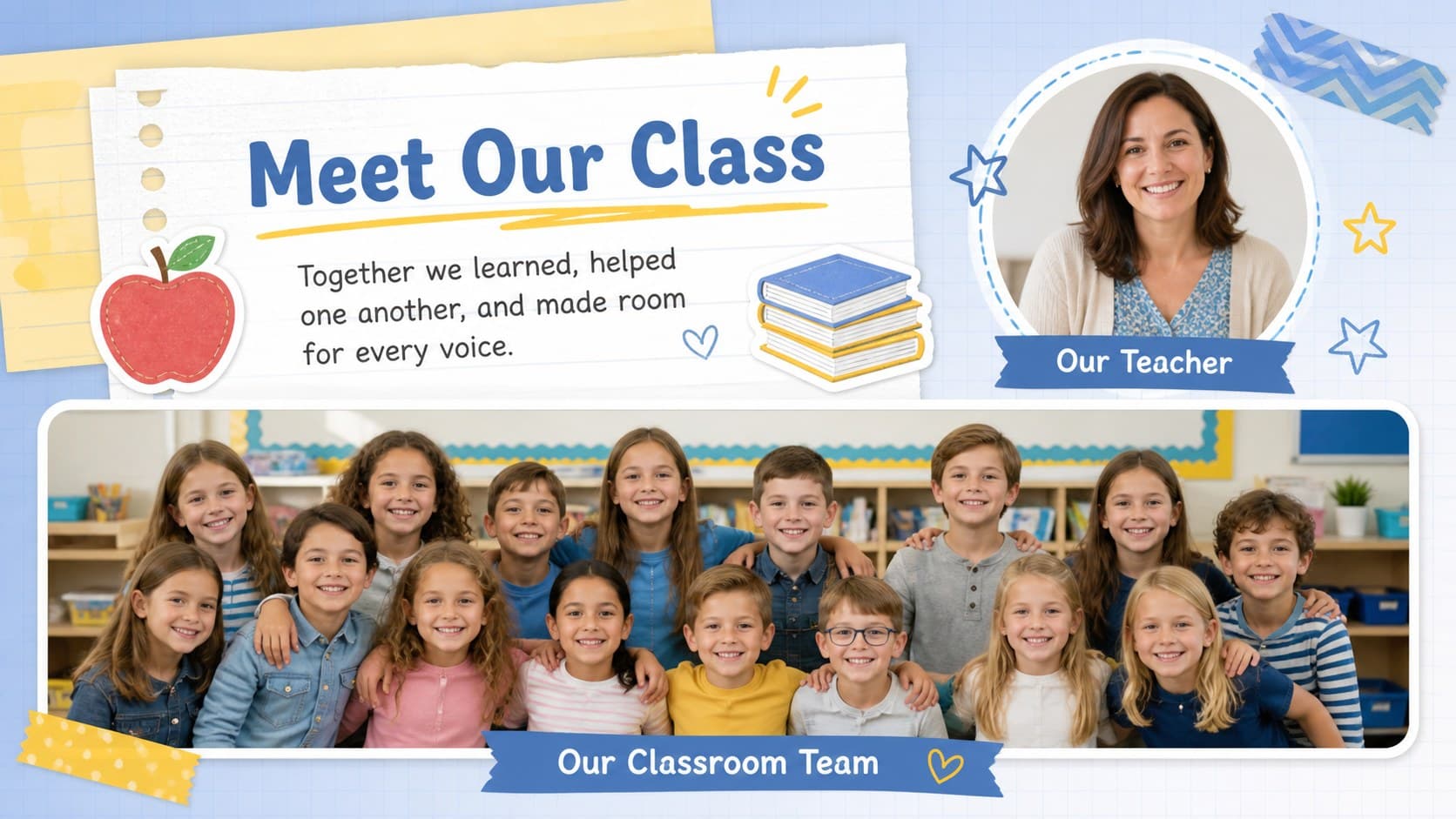 Meet our class page with a teacher portrait, group image, and welcoming notes in a kid-friendly scrapbook layout.