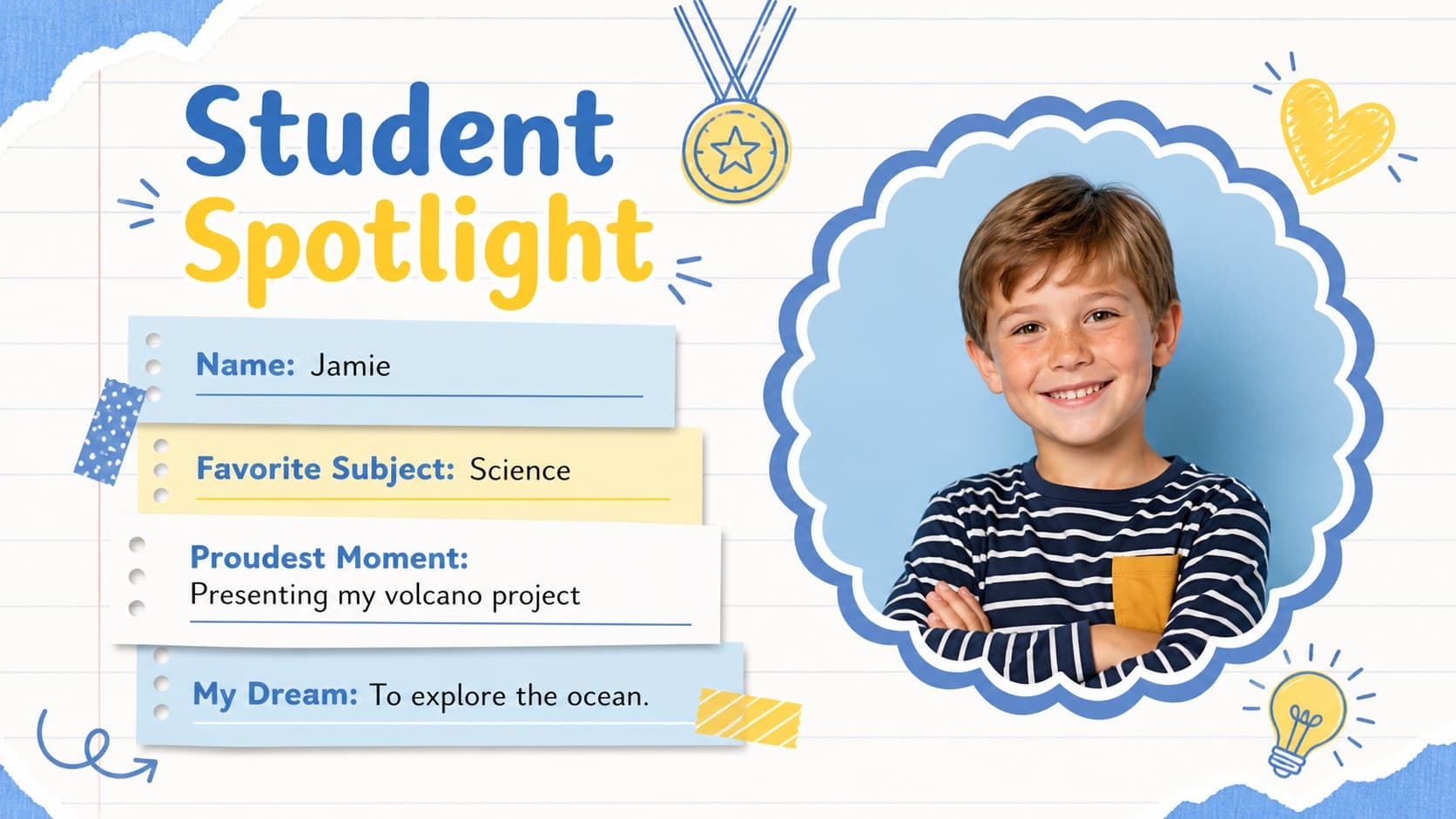 Student spotlight presentation page with one portrait, personal favorites, a proud achievement, and a future dream.
