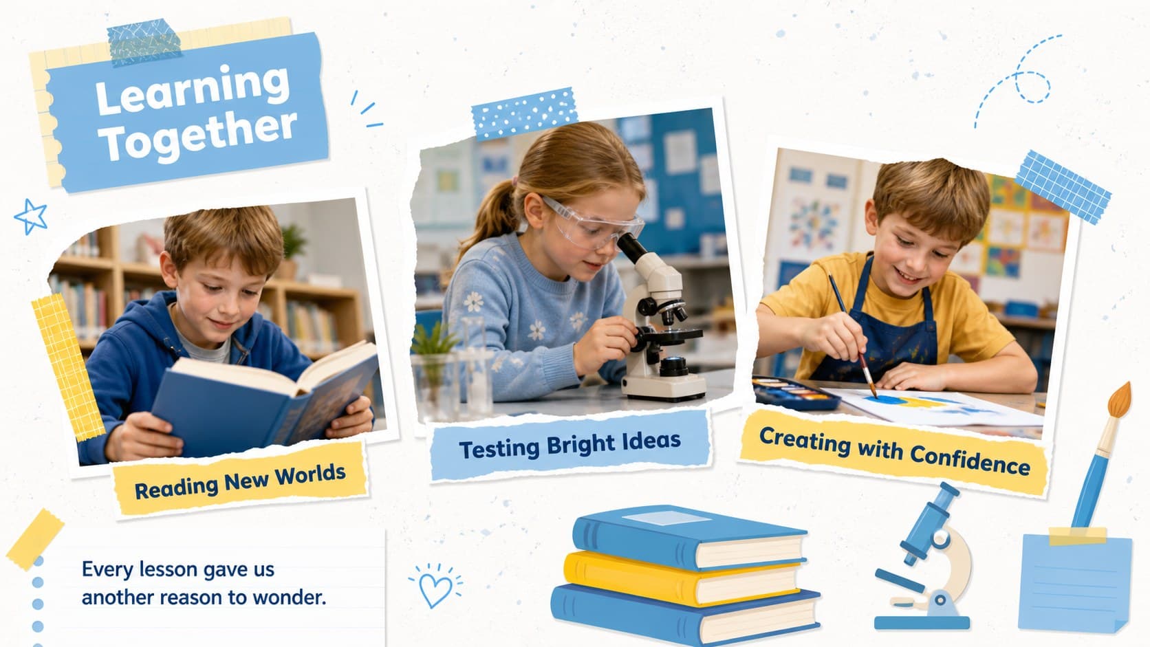 Classroom learning highlights slide with three photo frames for reading, science, and creative projects.