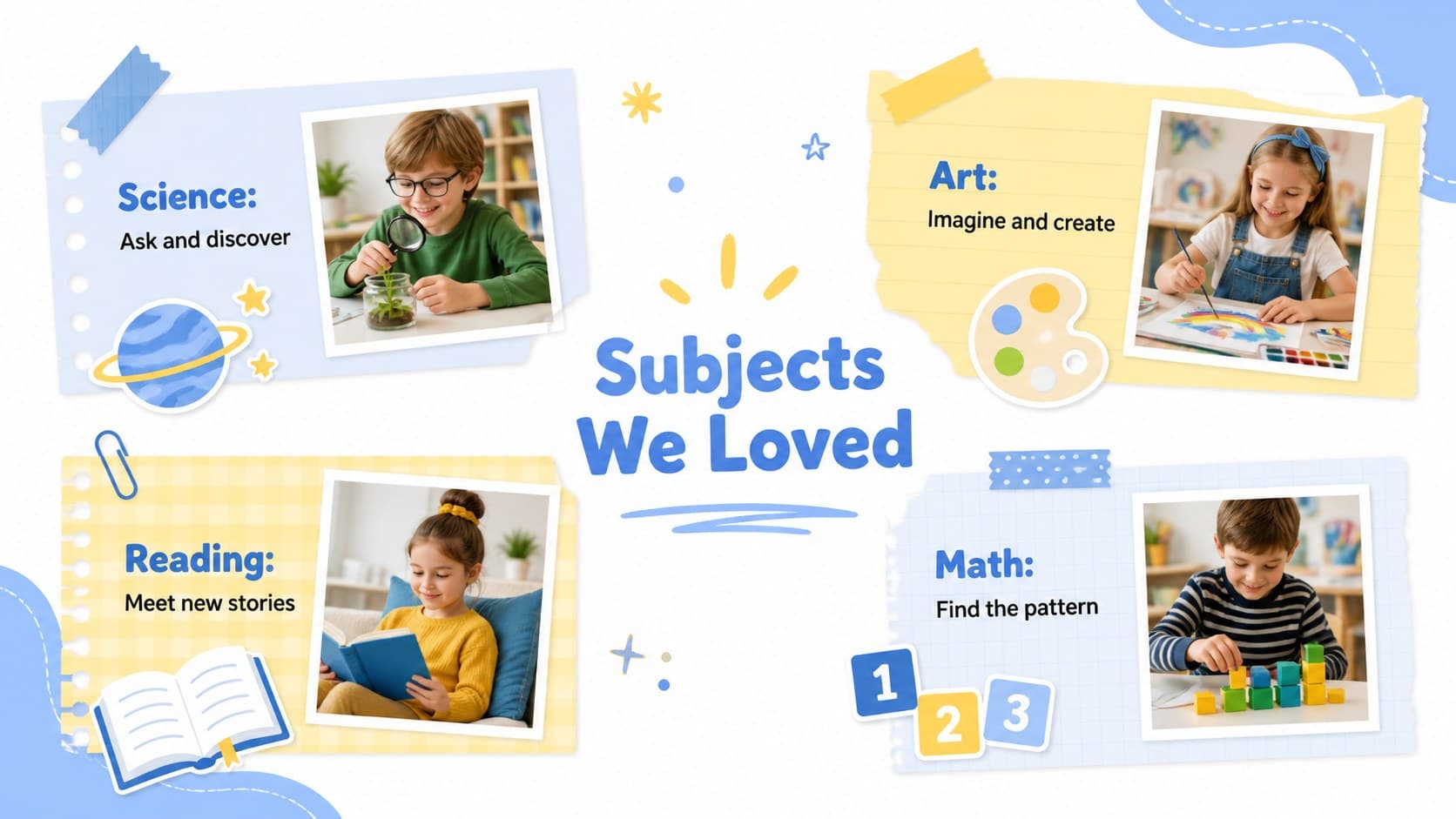 Favorite subjects page in an elementary school photo album with colorful panels for science, art, reading, and mathematics.