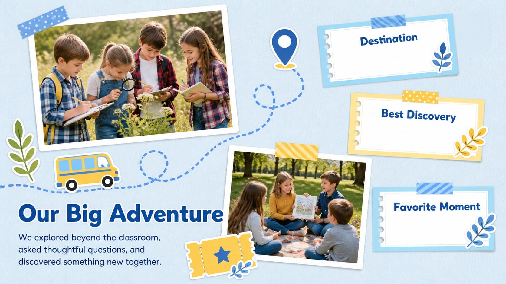School adventure memory slide showing field trip photos, destination notes, and discoveries in a scrapbook layout.