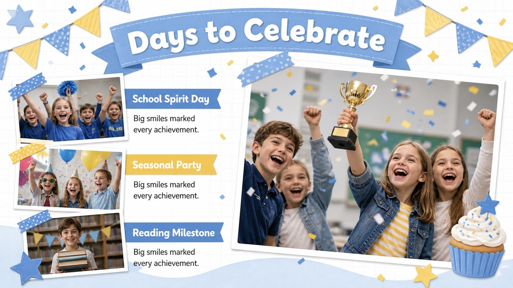 Elementary class celebrations page with photo spaces for spirit day, a seasonal party, and a reading milestone.
