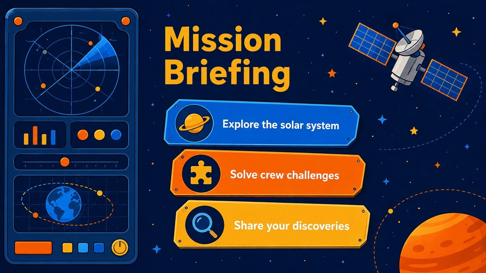 Space mission briefing slide outlining three elementary classroom objectives with rocket-themed illustrations.