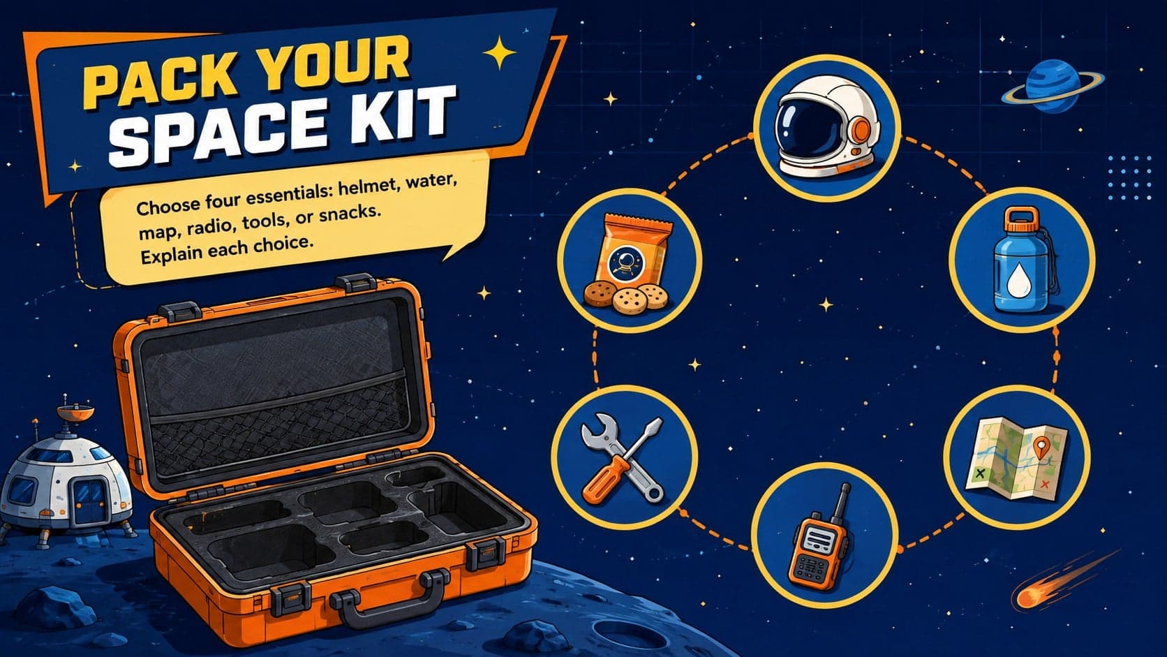 Astronaut classroom activity presentation slide featuring a space-kit packing checklist for young learners.
