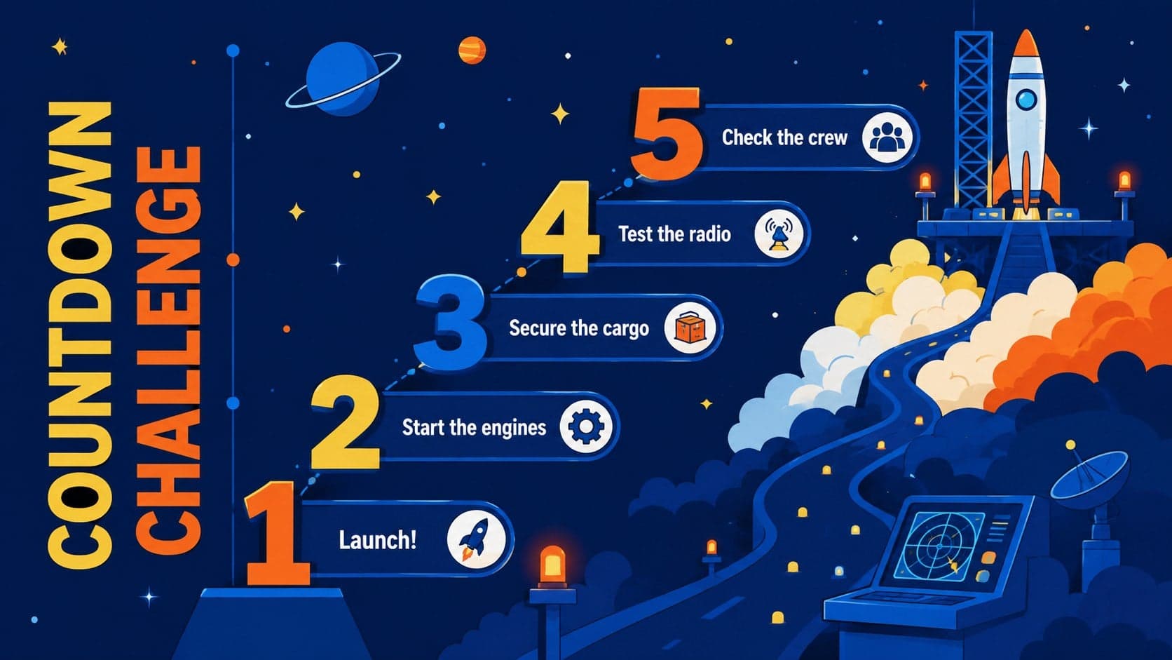 Elementary space lesson countdown slide with five numbered steps leading to a rocket launch.