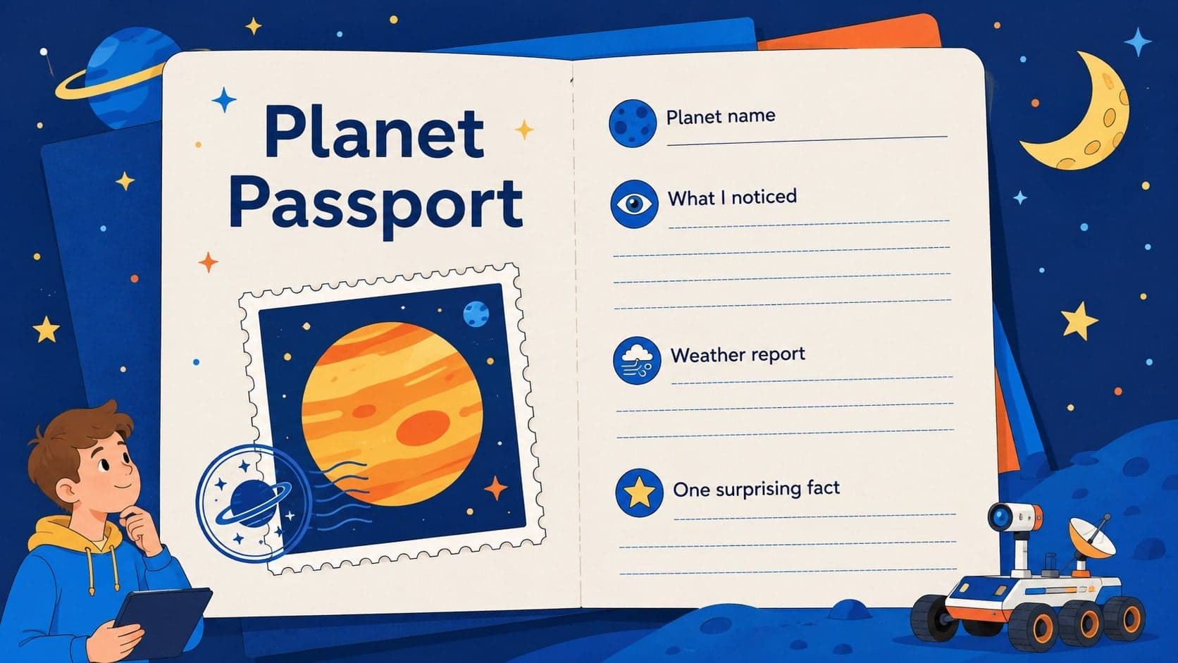 Planet passport activity slide with illustrated destination stamps and spaces for student observations.