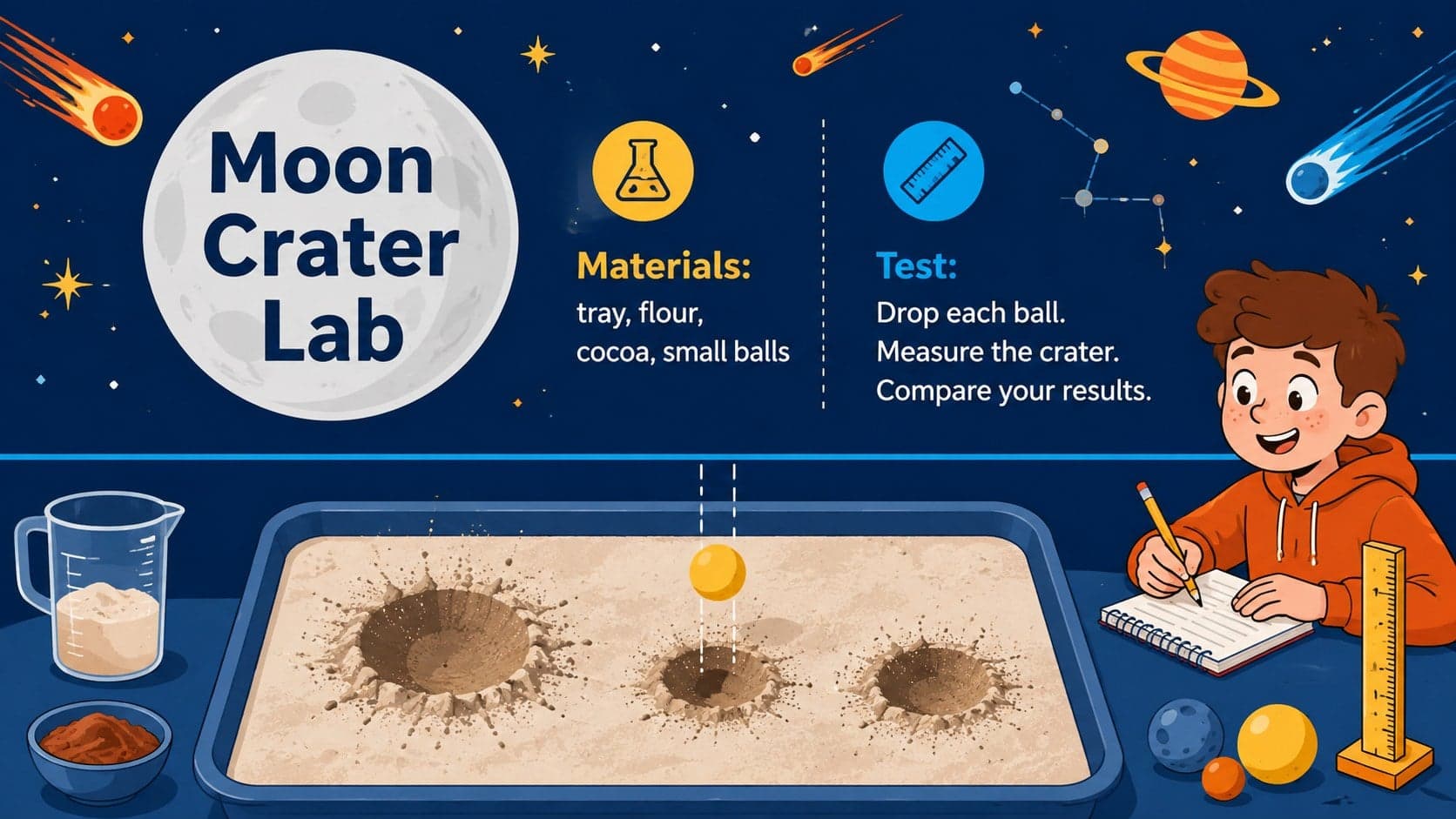 Moon crater lab slide presenting materials, experiment steps, and an illustrated lunar surface.