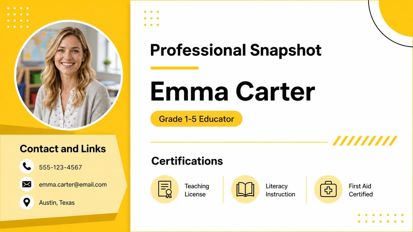 Elementary teacher resume slide showing contact details, certifications, and a concise professional summary in a yellow education layout.