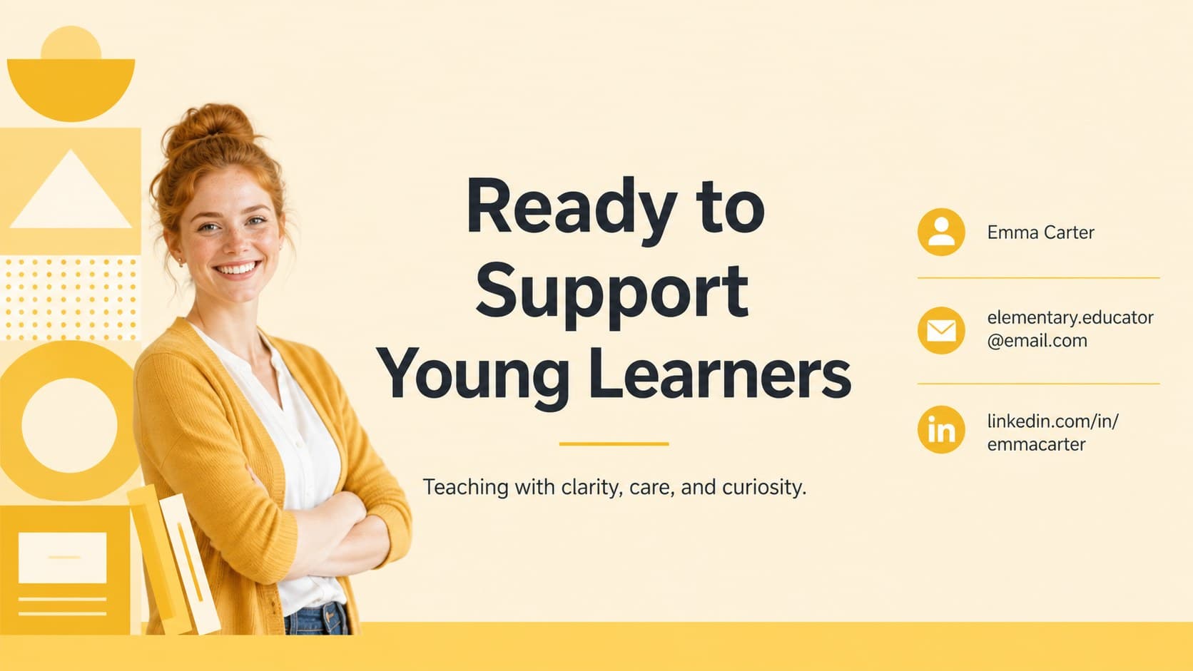 Teaching portfolio introduction slides closing page with career goals, contact details, and a bright yellow professional finish.
