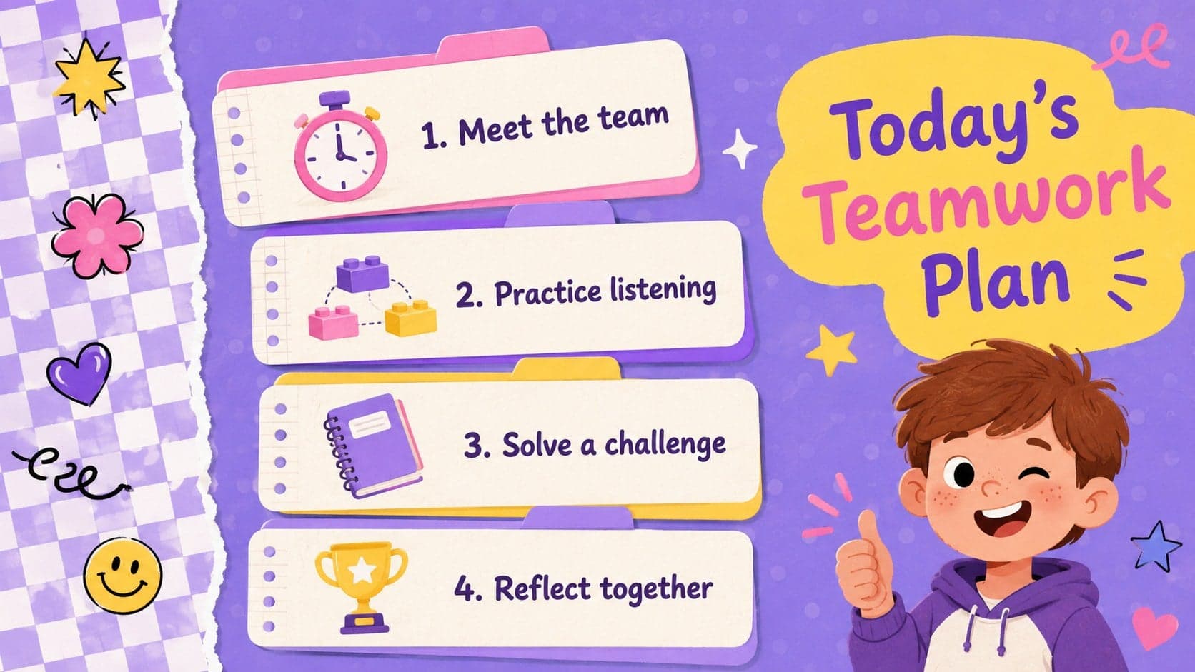 Retro teamwork lesson agenda slide outlining goals, activities, reflection, and celebration for elementary students.