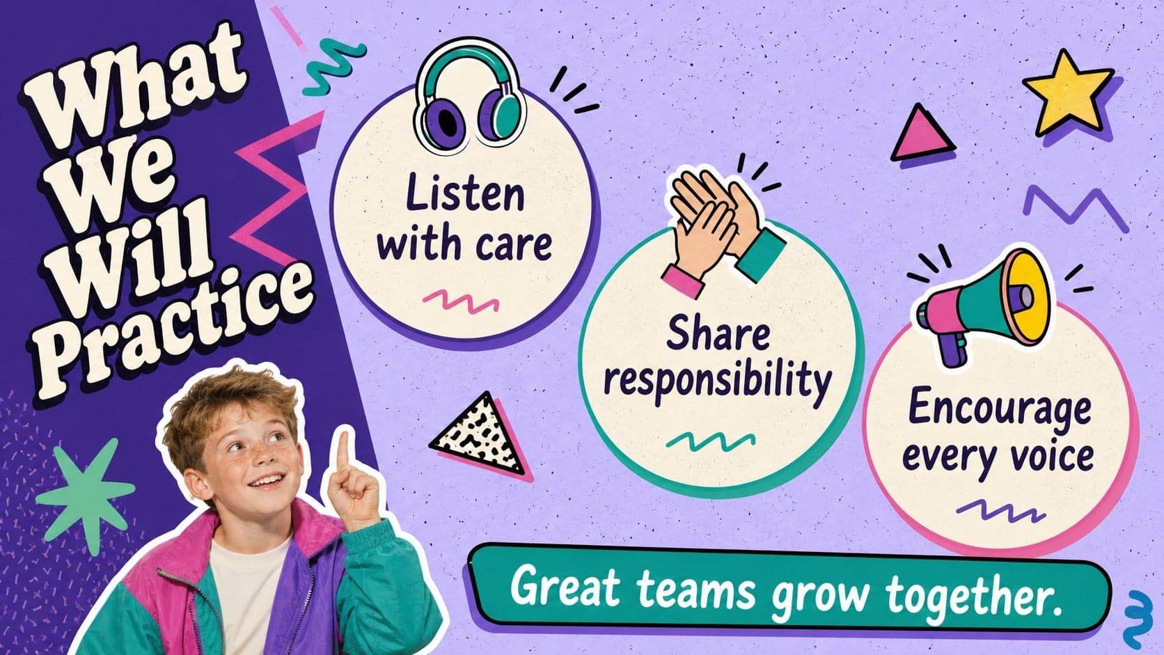 Elementary classroom teamwork activities slide presenting three student-friendly learning goals.