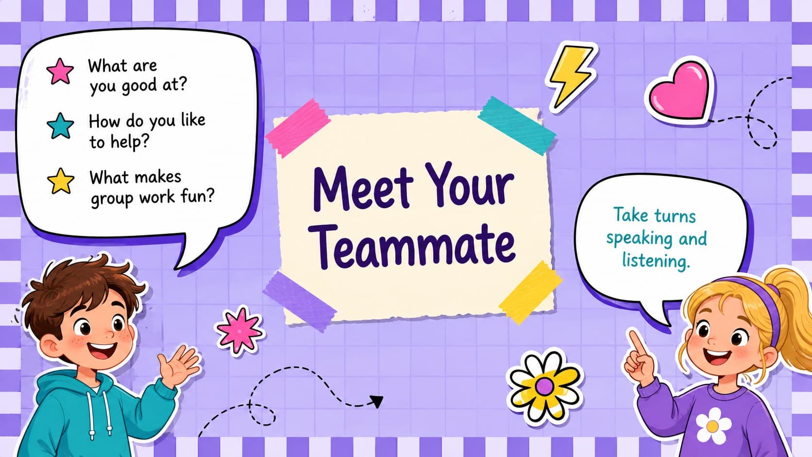 Cooperative learning slide for kids featuring partner introduction questions in a colorful doodle layout.