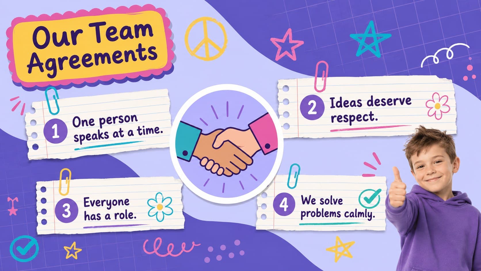 Purple elementary teamwork slide showing four clear agreements for respectful group work.