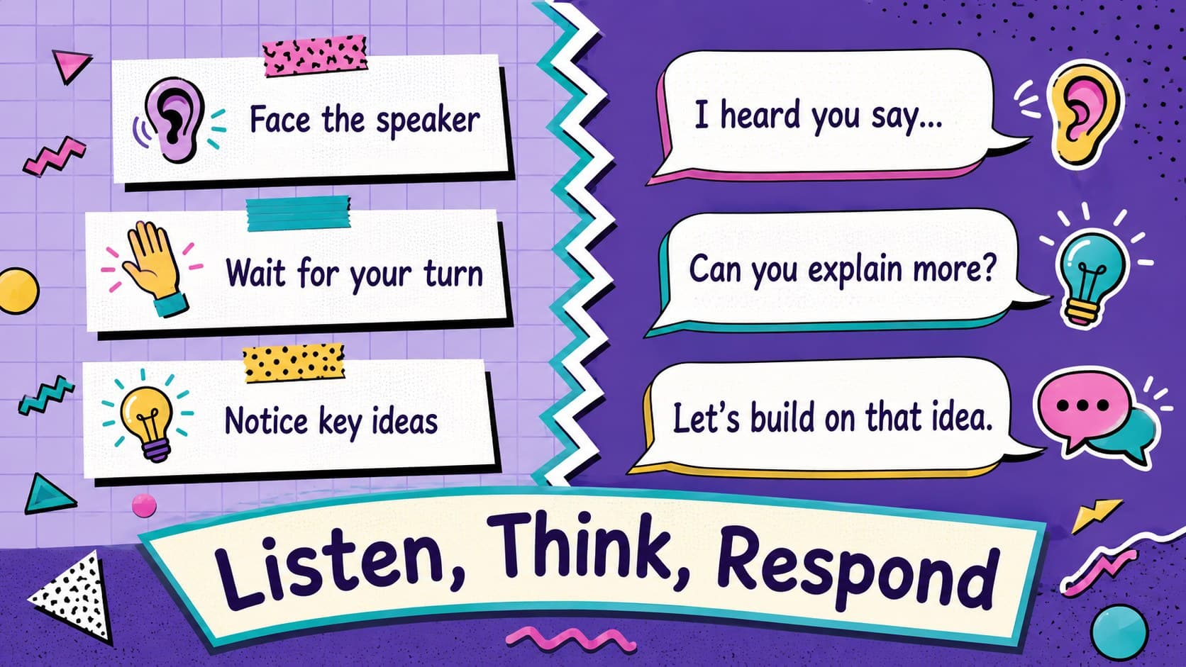 Student communication skills slide deck page comparing active listening actions with helpful response phrases.