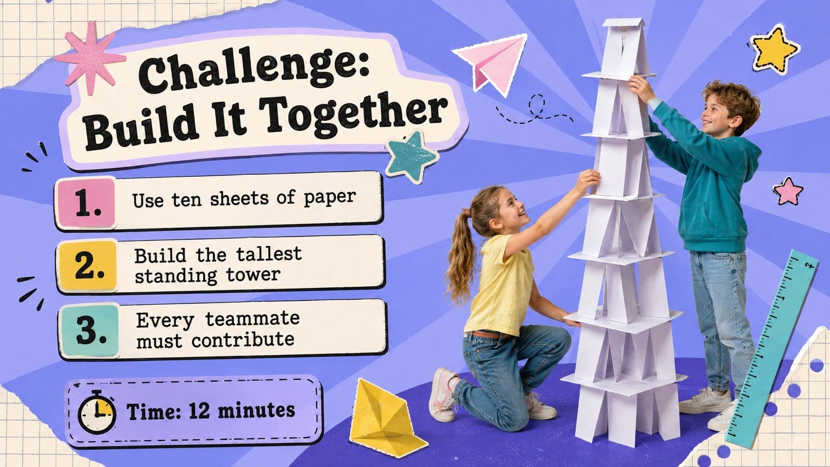 Elementary group challenge presentation with a paper tower task and three illustrated steps.